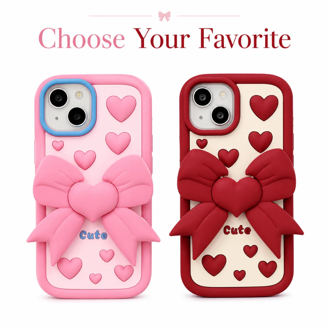 Josh & Tate - LoveBow™ Anti-Drop Phone Case - Two decorative phone cases with 3D heart and bow designs, shown side by side on a white background with the text 'Choose Your Favorite' above. The left case is light pink with a blue camera surround and pink hearts.