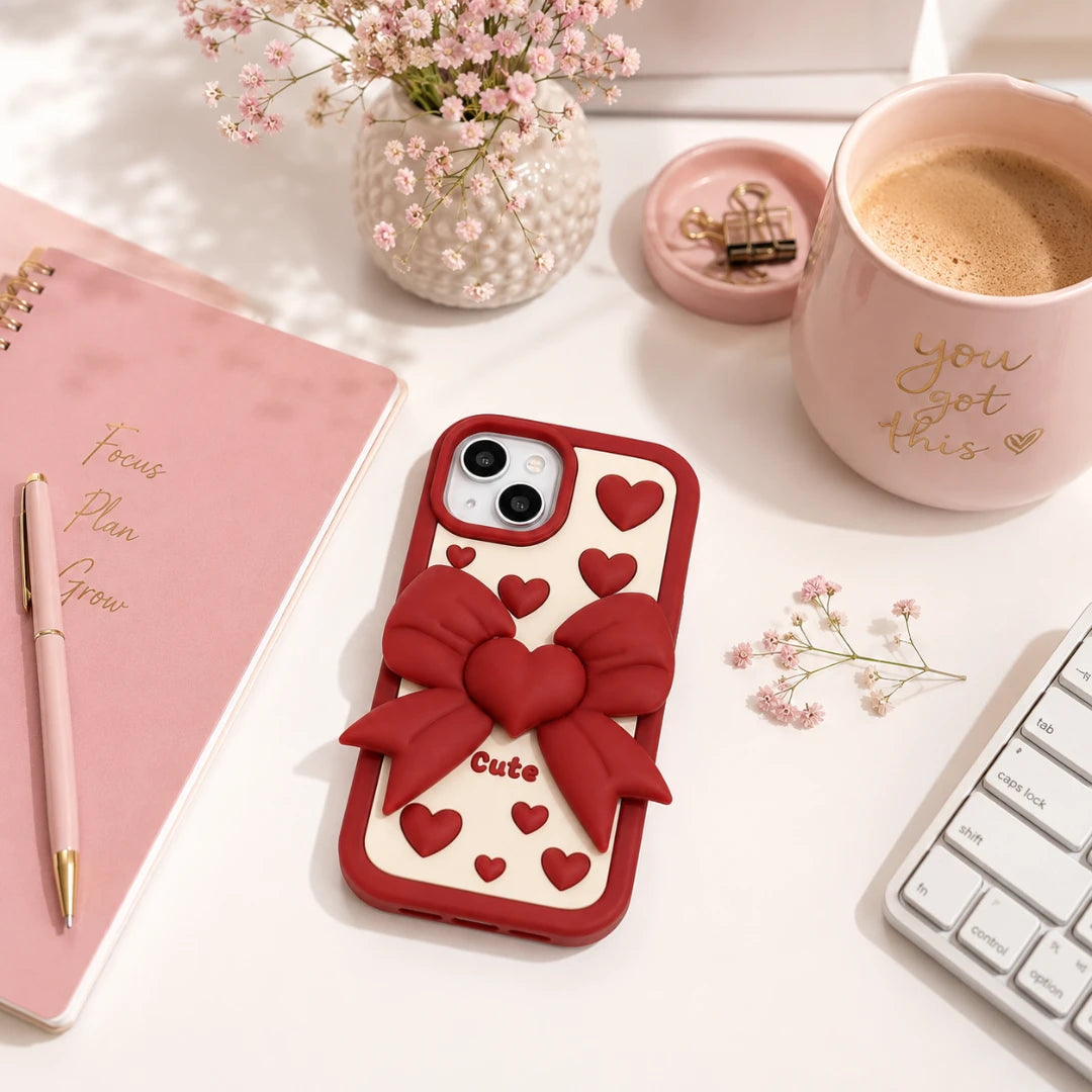 Josh & Tate - LoveBow™ Anti-Drop Phone Case - A red and cream phone case with a 3D red bow and heart pattern, displayed on a styled desk next to a pink notebook, a keyboard, and a pink coffee mug.