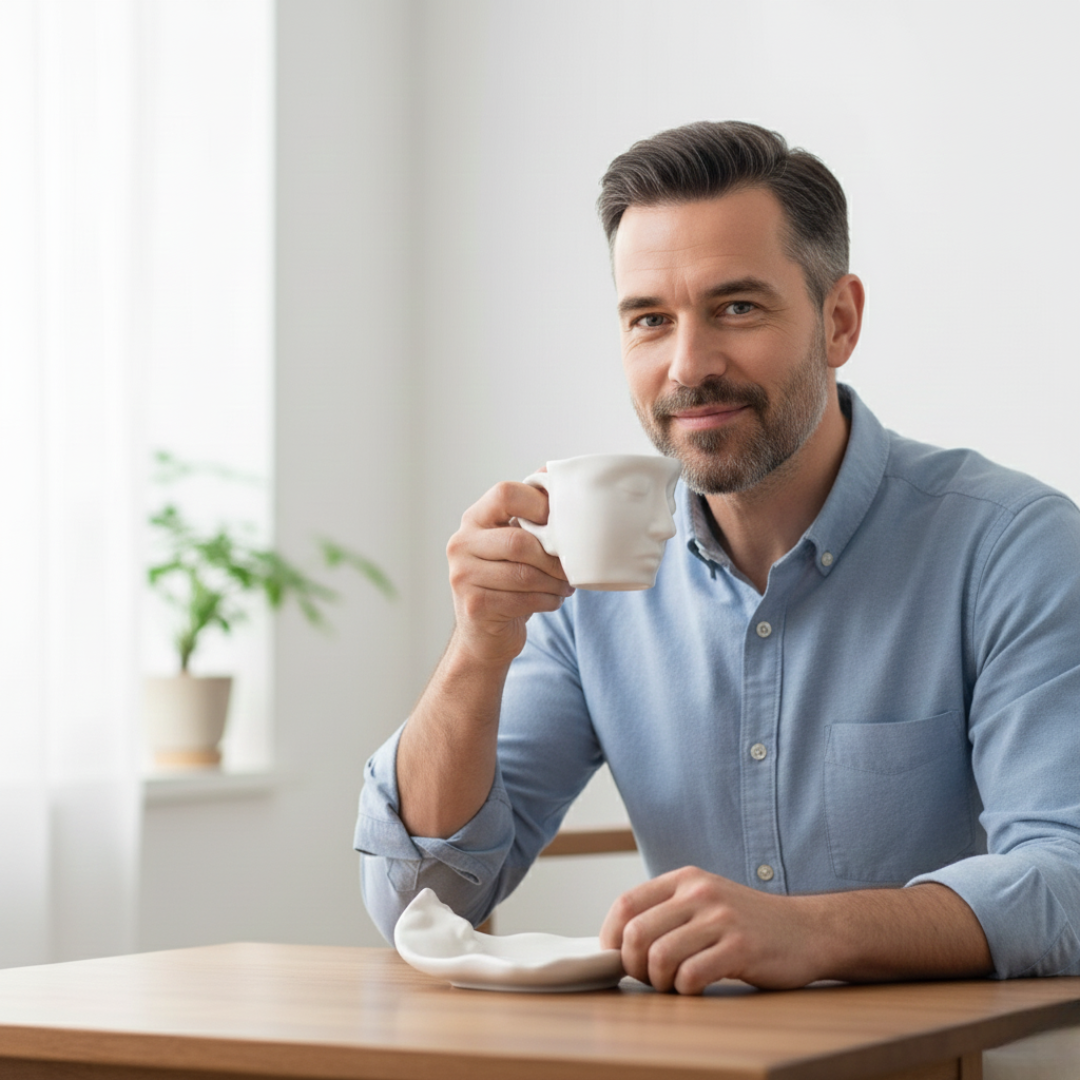 Man holding a white mug in a bright room with a plant in the background