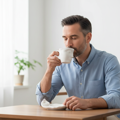 Man drinking from a white mug at a table with a light background
