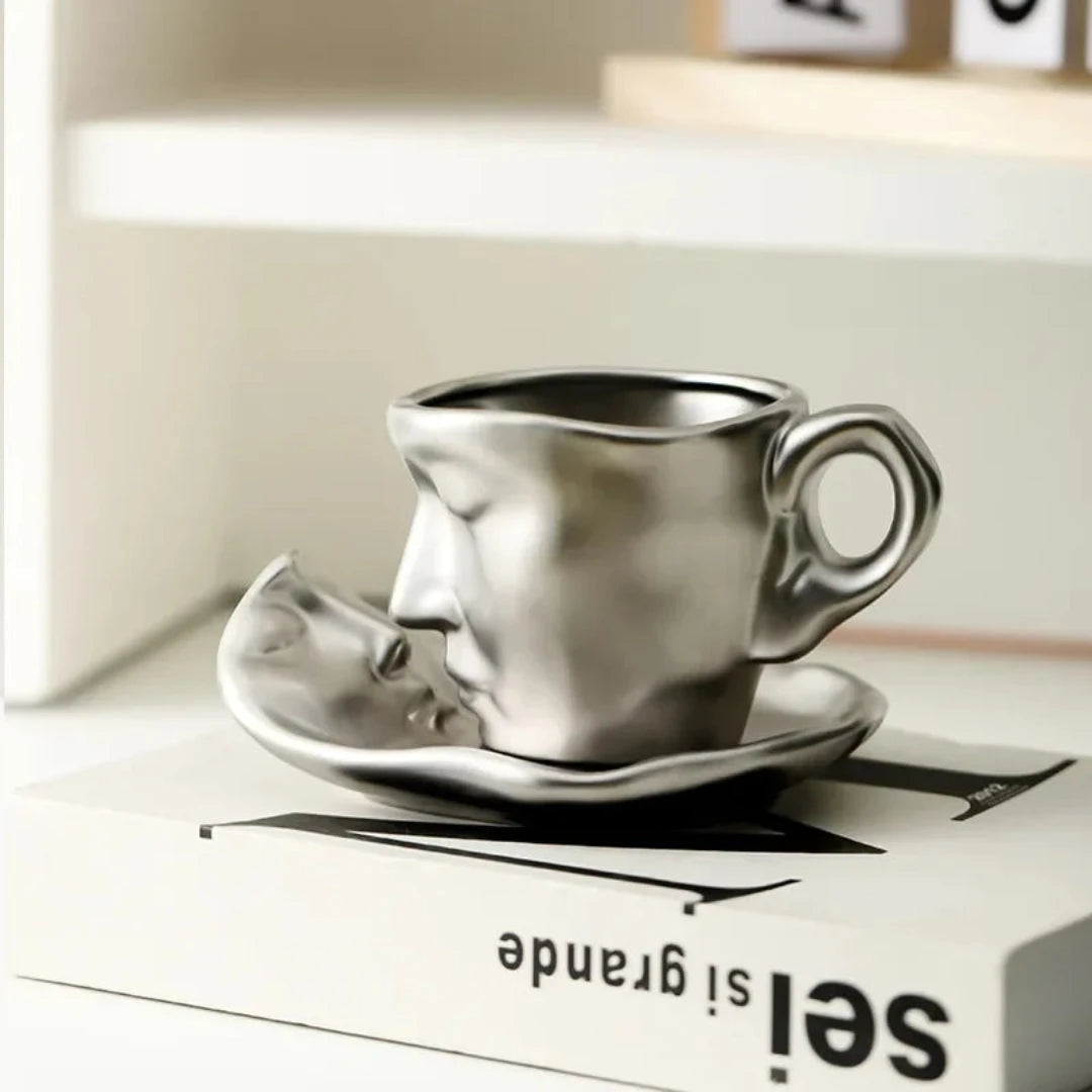 Josh & Tate - Lover's Gaze Reverie Coffee Ceramic Mug - Silver coffee cup and saucer on a box with text
