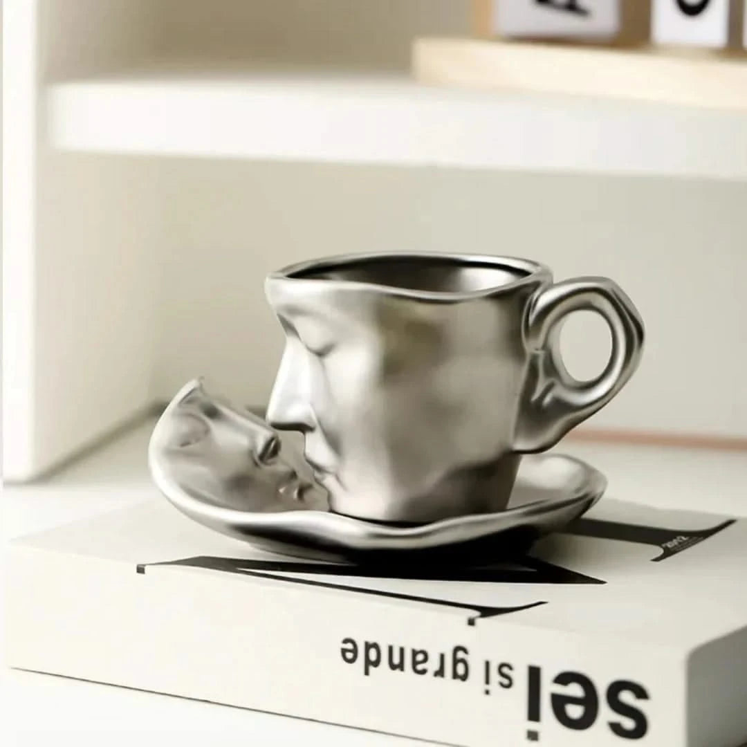 Josh & Tate - Lover's Gaze Reverie Coffee Ceramic Mug - Silver coffee cup and saucer on a box with text