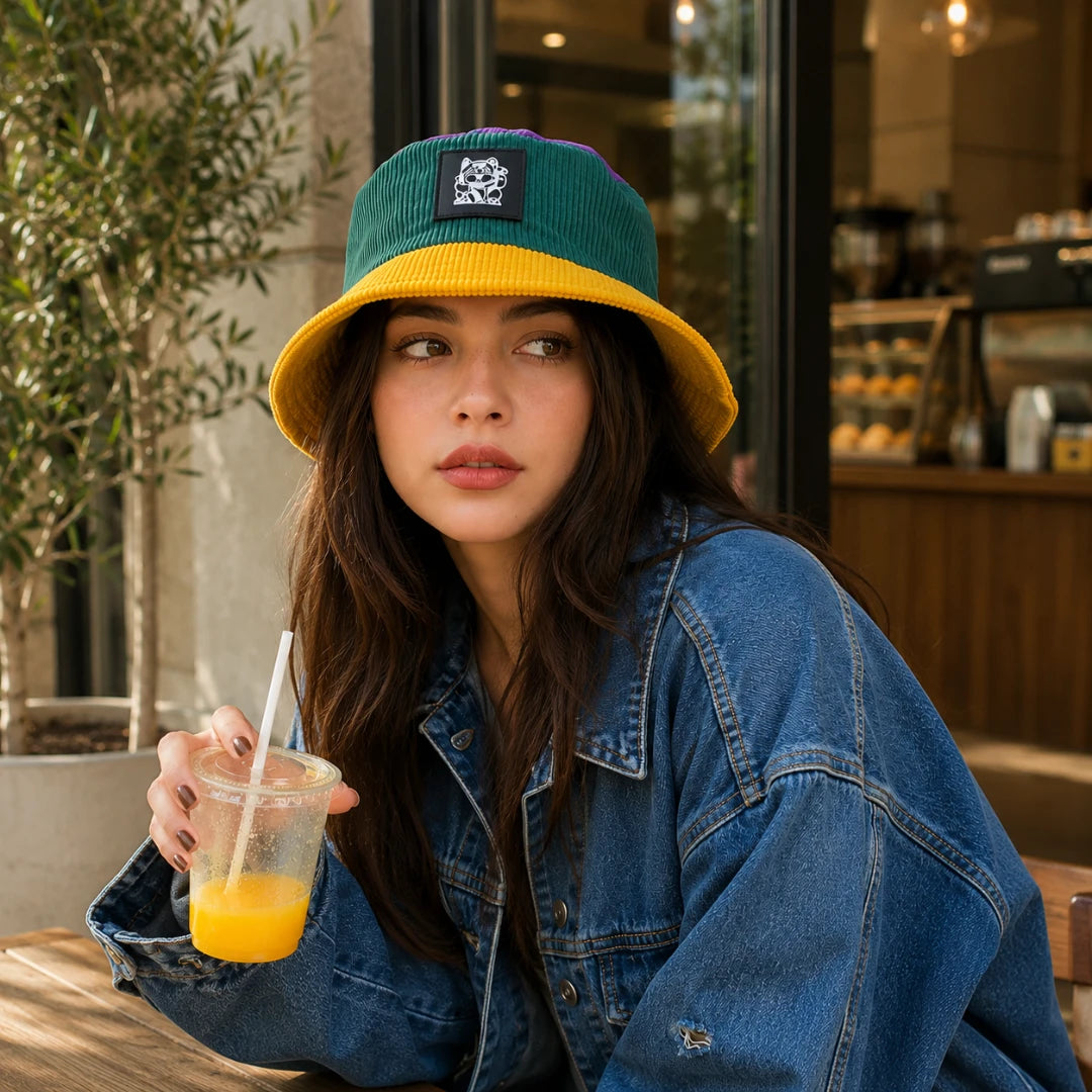 Josh & Tate - LuckyBrim™ Colorblock Bucket Hat - A woman wearing a green and yellow corduroy bucket hat with a black patch logo, sitting at a cafe table and holding an orange drink.
