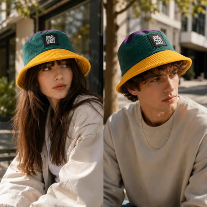 Josh & Tate - LuckyBrim™ Colorblock Bucket Hat - A split-screen lifestyle image showing a man and a woman wearing a green and yellow corduroy bucket hat with a black embroidered patch on the front.