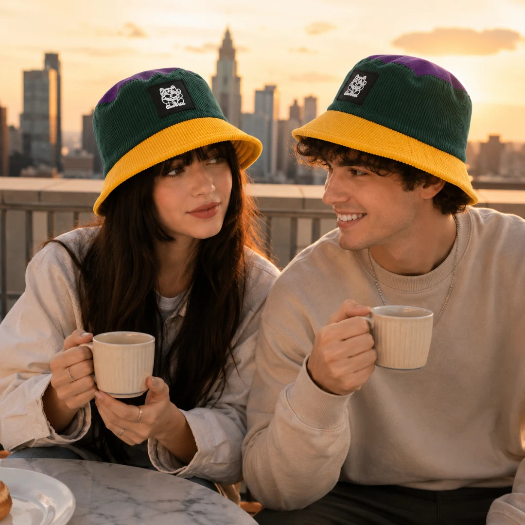 Josh & Tate - LuckyBrim™ Colorblock Bucket Hat - Two people sitting together on a rooftop at sunset, each wearing a green and yellow corduroy bucket hat with a small white embroidered logo on the front. They are holding white mugs, with a city skyline in the background.