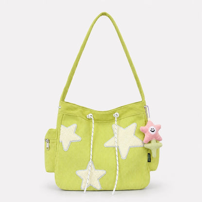 Josh & Tate - LuckyStar™ Ribbed Tote Bag - A lime green corduroy shoulder bag with cream star appliqués, white rope drawstrings, side pockets, and a small pink plush star charm.
