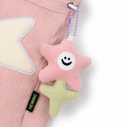 Josh & Tate - LuckyStar™ Ribbed Tote Bag  - A pink corduroy baby accessory with a cream star applique and a hanging plush star keychain in pink and pale yellow-green, attached to a purple bead chain.