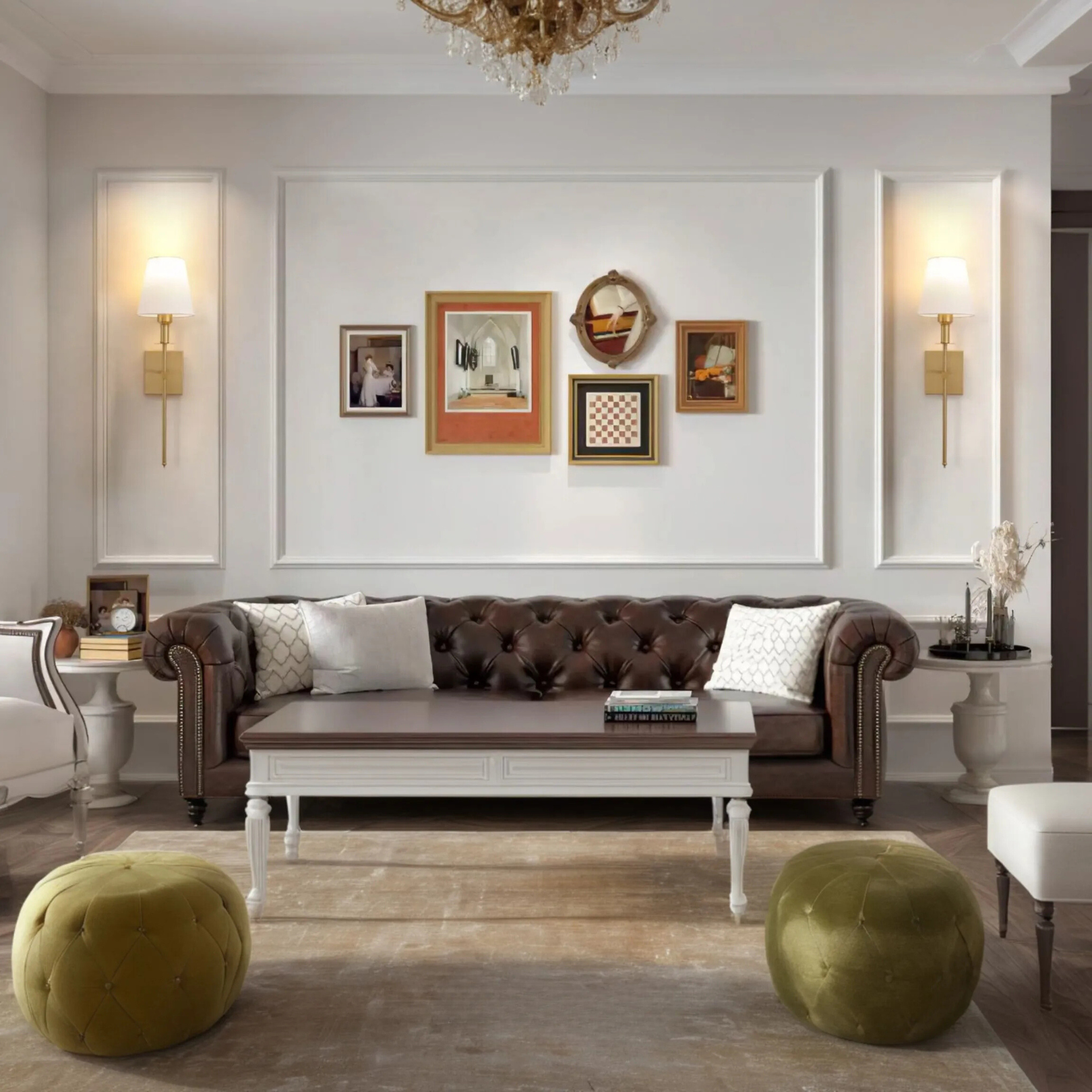 Living room with a brown Chesterfield sofa, decorative pillows, and wall art.