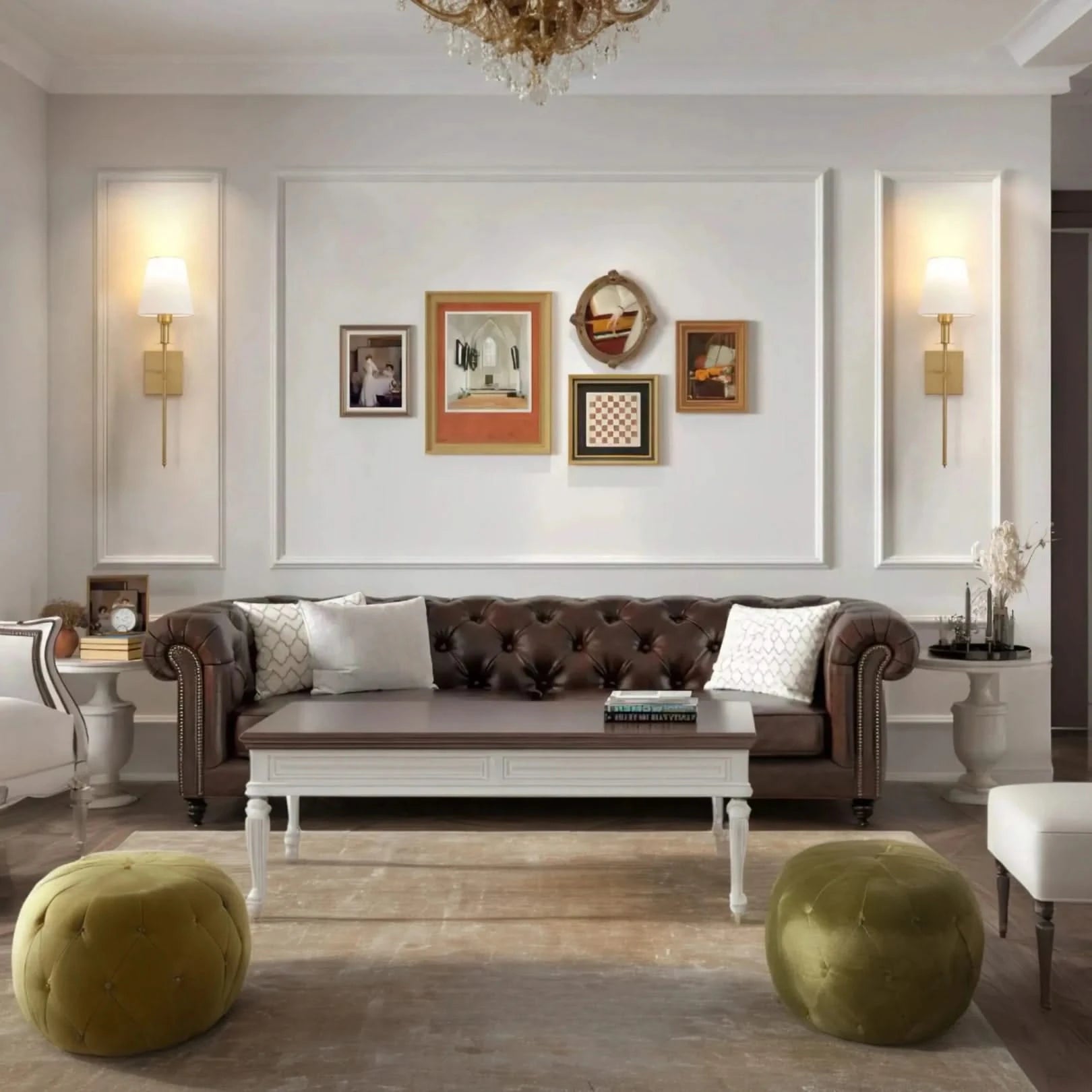 Josh & Tate - LumaElegance Wireless Wall Lamp - Living room with a brown Chesterfield sofa, decorative pillows, and wall art.