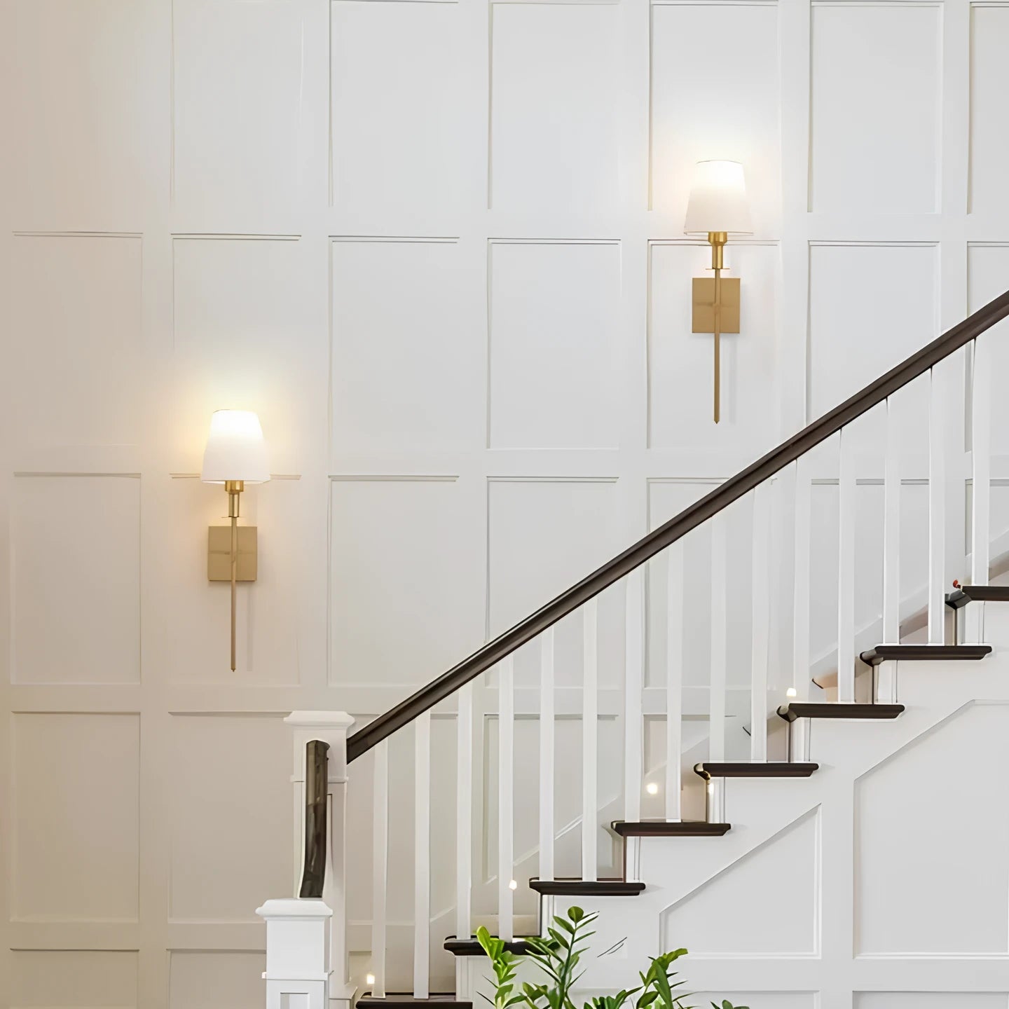 Josh & Tate - LumaElegance Wireless Wall Lamp - Staircase with white walls and decorative wall lights
