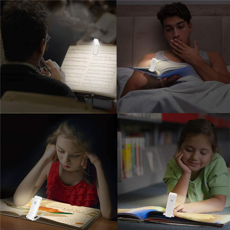 Collage of people reading books with a light attached to the page.