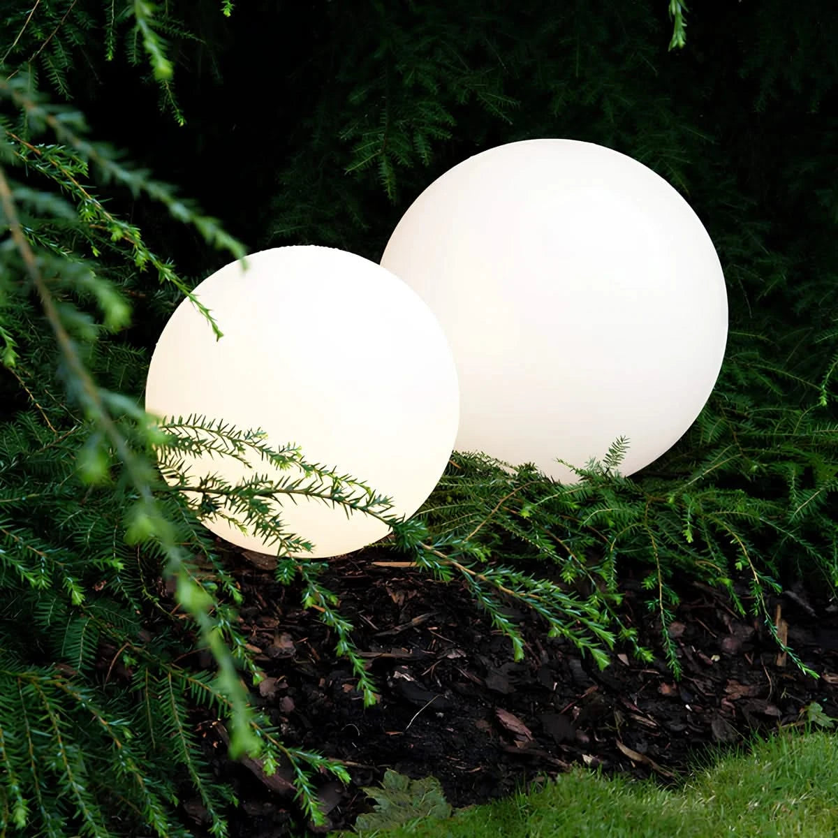 Josh & Tate - LumaSphere Wireless Mood Lamp - Two spherical white garden lights embedded in greenery