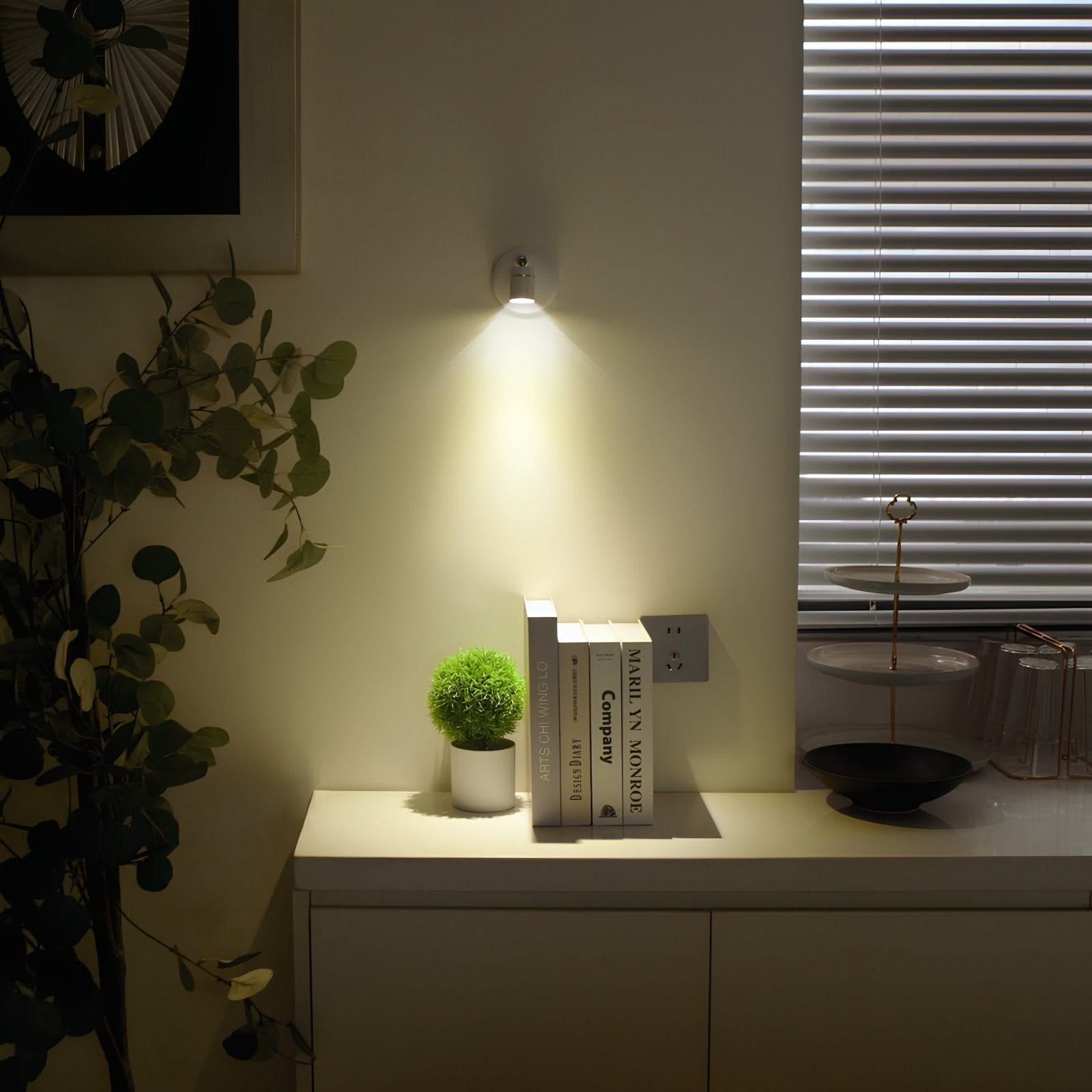 Wall-mounted light fixture illuminating a small table with books and a plant in a dimly lit room.
