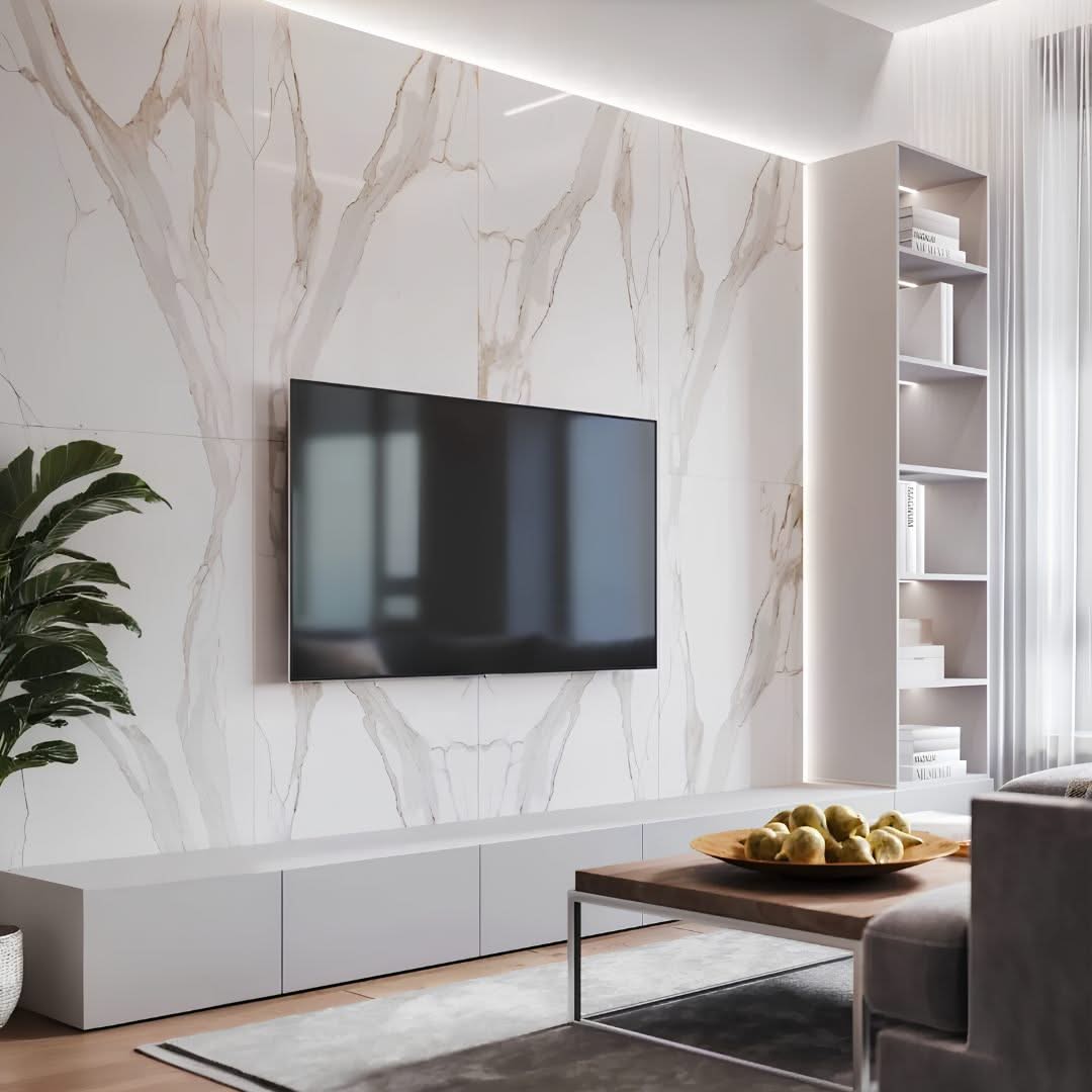 Modern living room with a television mounted on a marble wall.