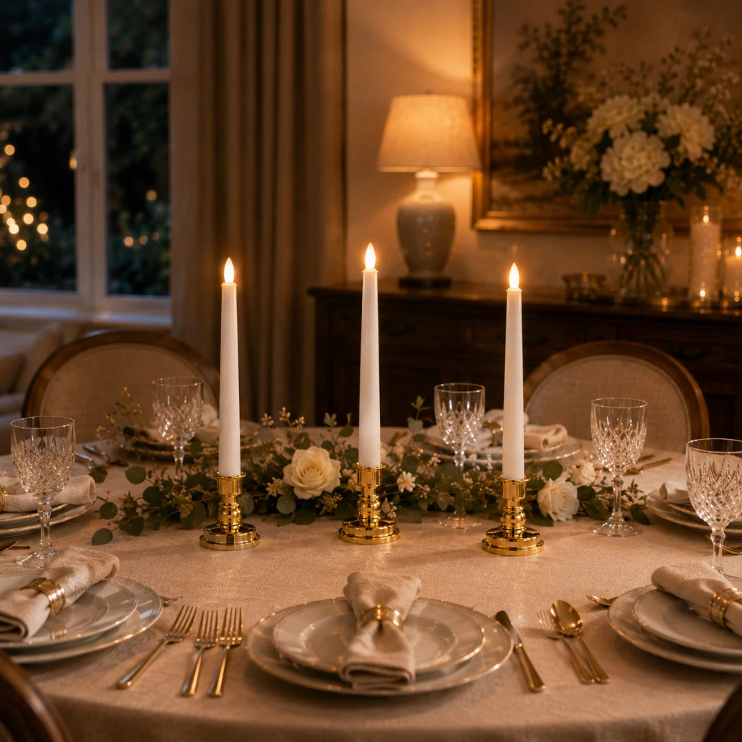 Josh & Tate - LumiCandle Standing LED Light - A beautifully set dining table in a warmly lit room, featuring four lit taper candles in gold holders, white roses, greenery, crystal wine glasses, folded cream napkins, and layered white plates with gold cutlery.