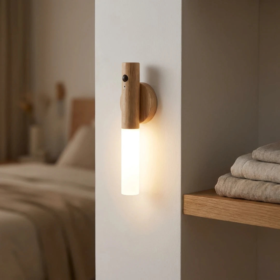 Josh & Tate - LumiDock™ Motion Wall Light - Wooden wall sconce emitting light in a bedroom setting with a bed and shelf in the background.