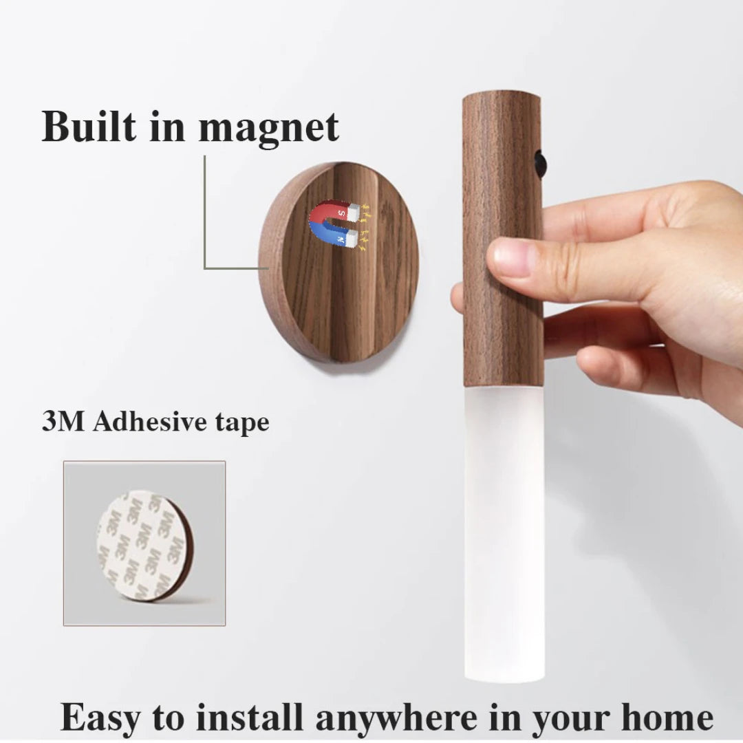 Josh & Tate - LumiDock™ Motion Wall Light - Wooden magnetic strip with adhesive tape, showing installation on a white background.