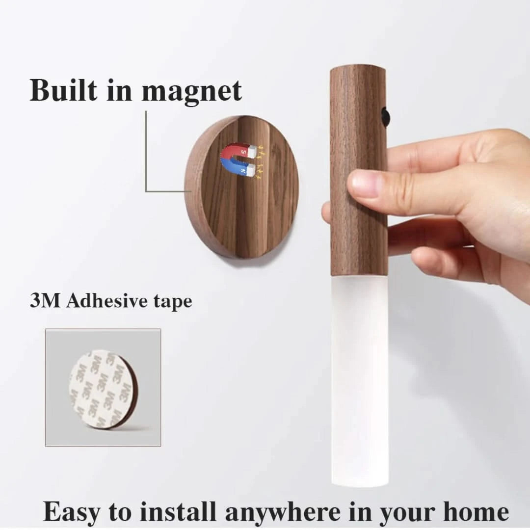 Josh & Tate - LumiDock™ Motion Wall Light - Wooden magnetic strip with adhesive tape, showing installation on a white background.