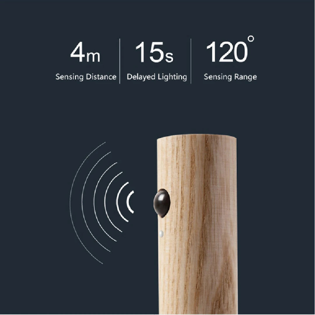 Josh & Tate - LumiDock™ Motion Wall Light - Wooden doorbell with sensor and text indicating sensing distance, delayed lighting, and sensing range on a dark background.