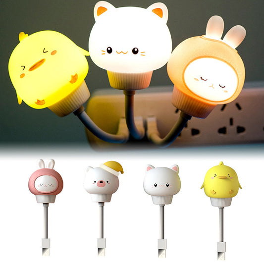 Set of cartoon animal-shaped night lights with a focus on a white cat design.