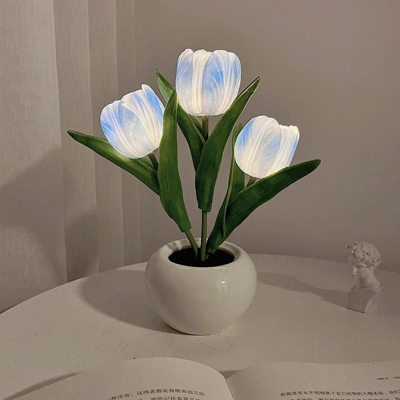 Potted plant with glowing white flowers on a neutral background