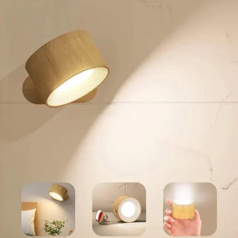 Wooden ceiling light fixture with inset images showing its use in various settings.