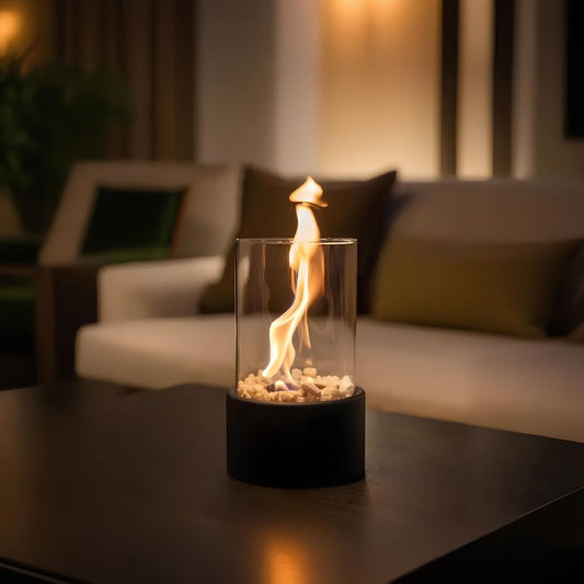 Tabletop fire pit with flames on a blurred indoor background