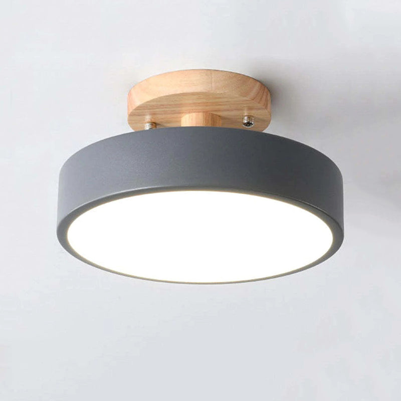 Ceiling light fixture with gray shade and wooden finish on a white background