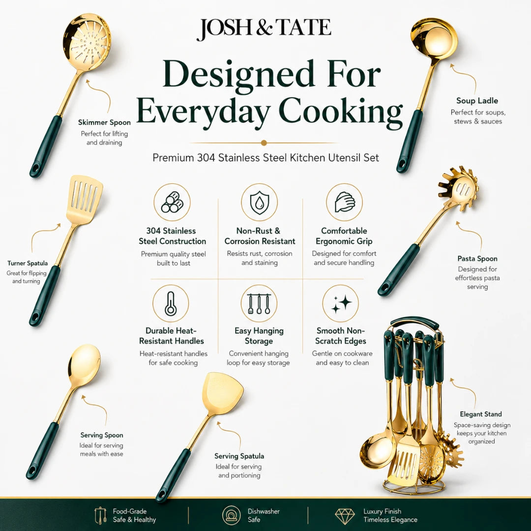 Josh & Tate - LuxServe™ Gold Emerald Kitchen Utensil Set - Set of kitchen utensils with features highlighted on a white background, featuring the brand 'Josh & Tate'.