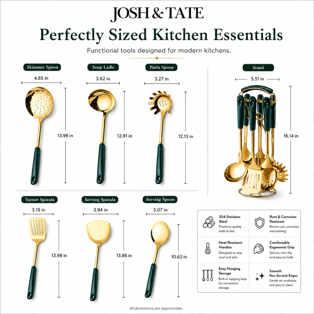 Josh & Tate - LuxServe™ Gold Emerald Kitchen Utensil Set - Kitchen utensils with measurements and features on a white background