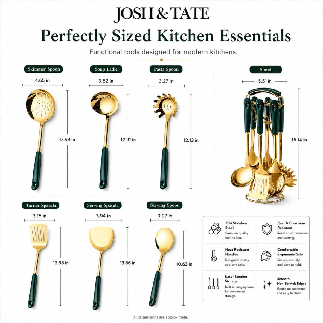 Josh & Tate - LuxServe™ Gold Emerald Kitchen Utensil Set - Kitchen utensils with measurements and features on a white background