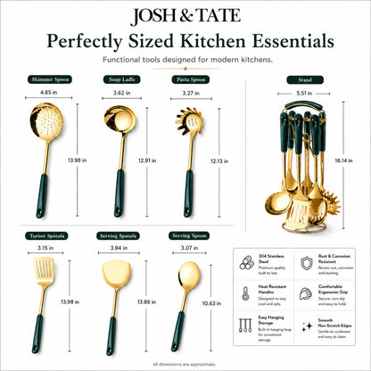 Josh & Tate - LuxServe™ Gold Emerald Kitchen Utensil Set - Kitchen utensils with measurements and features on a white background