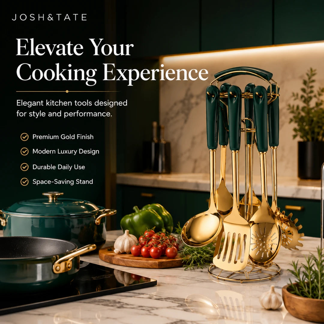 Josh & Tate - LuxServe™ Gold Emerald Kitchen Utensil Set - Gold kitchen utensils on a stand with a kitchen background, featuring Josh&Tate branding.