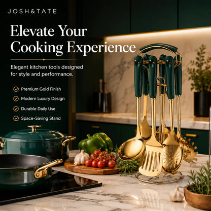 Josh & Tate - LuxServe™ Gold Emerald Kitchen Utensil Set - Gold kitchen utensils on a stand with a kitchen background, featuring Josh&Tate branding.