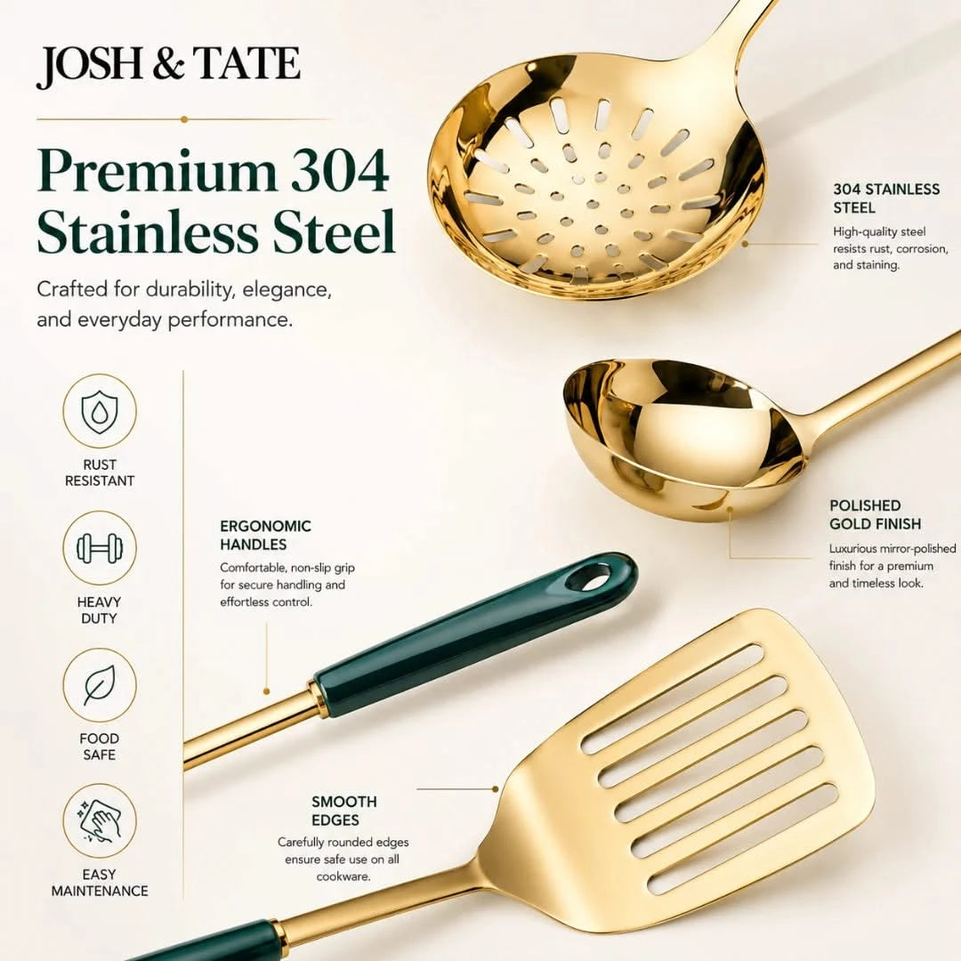 Josh & Tate - LuxServe™ Gold Emerald Kitchen Utensil Set - Set of gold and green kitchen utensils with text highlighting features on a light background