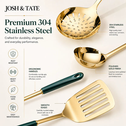 Josh & Tate - LuxServe™ Gold Emerald Kitchen Utensil Set - Set of gold and green kitchen utensils with text highlighting features on a light background