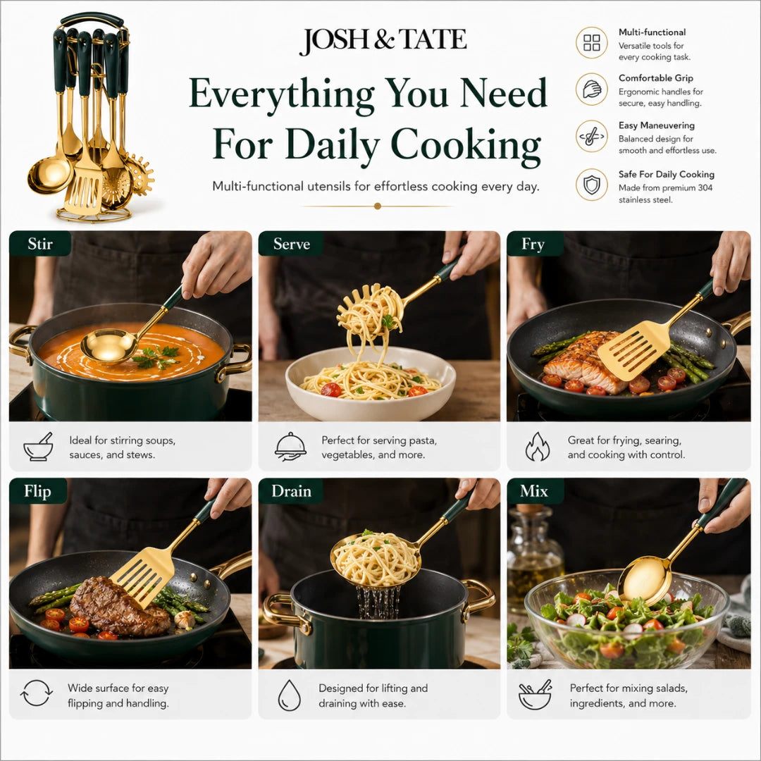 Josh & Tate - LuxServe™ Gold Emerald Kitchen Utensil Set - Promotional image of cooking utensils with text highlighting features and uses.