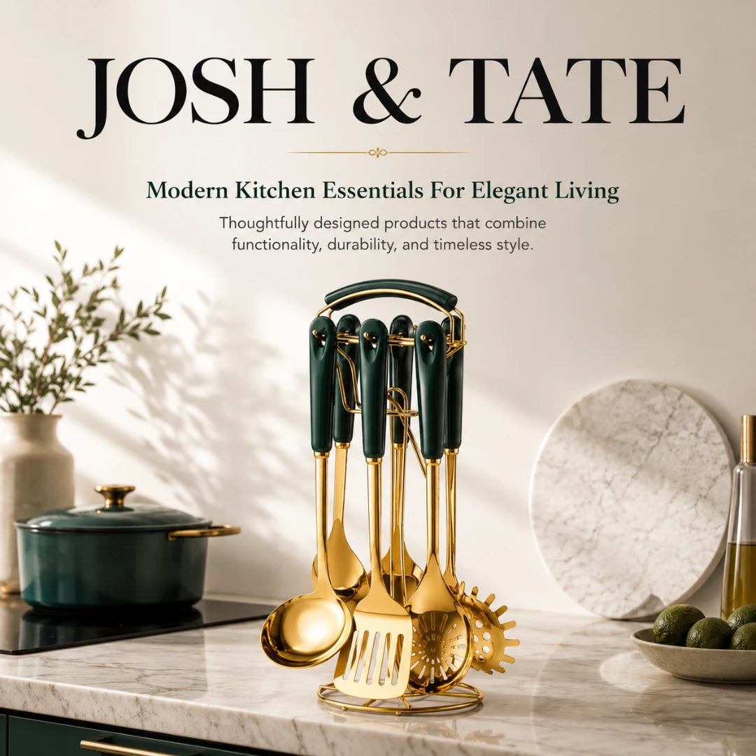 Josh & Tate - LuxServe™ Gold Emerald Kitchen Utensil Set - Gold kitchen utensils on a marble countertop with 'Josh & Tate' branding.