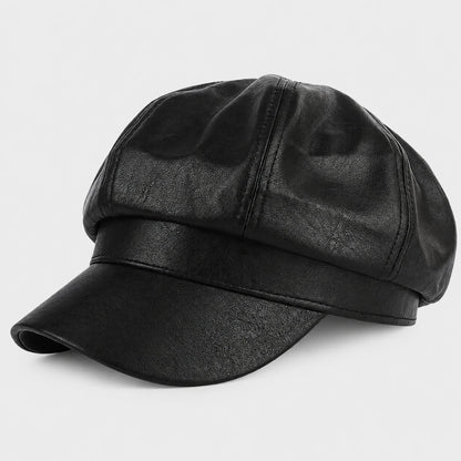 Josh & Tate - LuxeDome™ Faux Leather Beret - A black faux-leather newsboy cap with a structured six-panel crown and a curved brim, shown on a light gray background.