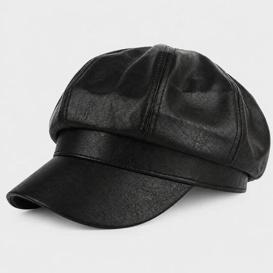 Josh & Tate - LuxeDome™ Faux Leather Beret - A black faux-leather newsboy cap with a structured six-panel crown and a curved brim, shown on a light gray background.