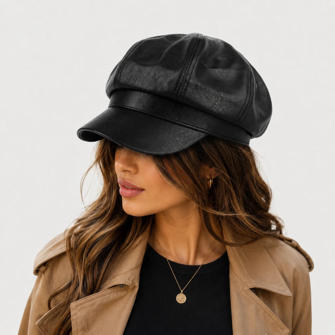 Josh & Tate - LuxeDome™ Faux Leather Beret - A woman wearing a black faux-leather newsboy cap, styled with a tan trench coat and a black top against a plain light gray background.