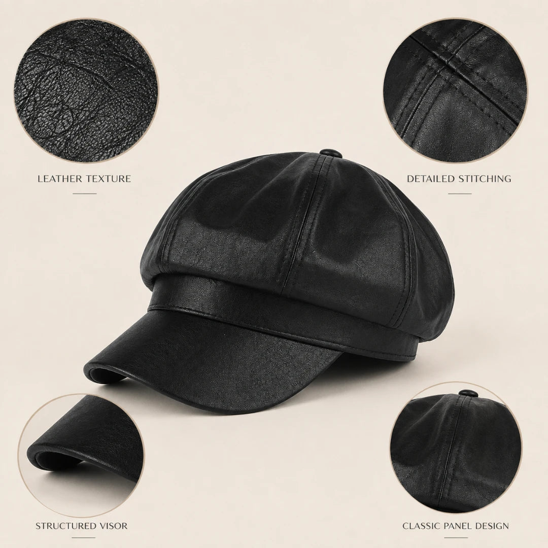 Josh & Tate - LuxeDome™ Faux Leather Beret - Black faux-leather newsboy cap shown on a light beige background with four circular detail callouts highlighting leather texture, detailed stitching, the structured visor, and the classic panel design.