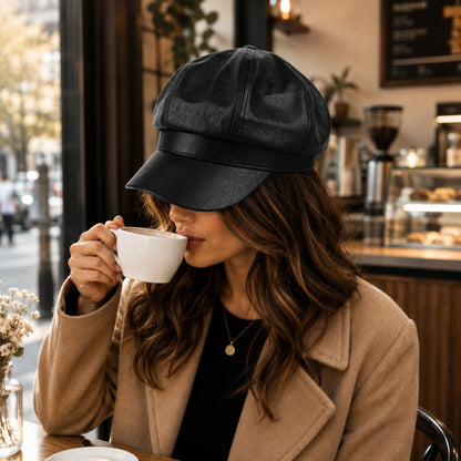 Josh & Tate - LuxeDome™ Faux Leather Beret - A woman in a beige coat and black cap sipping coffee at a cafe table.