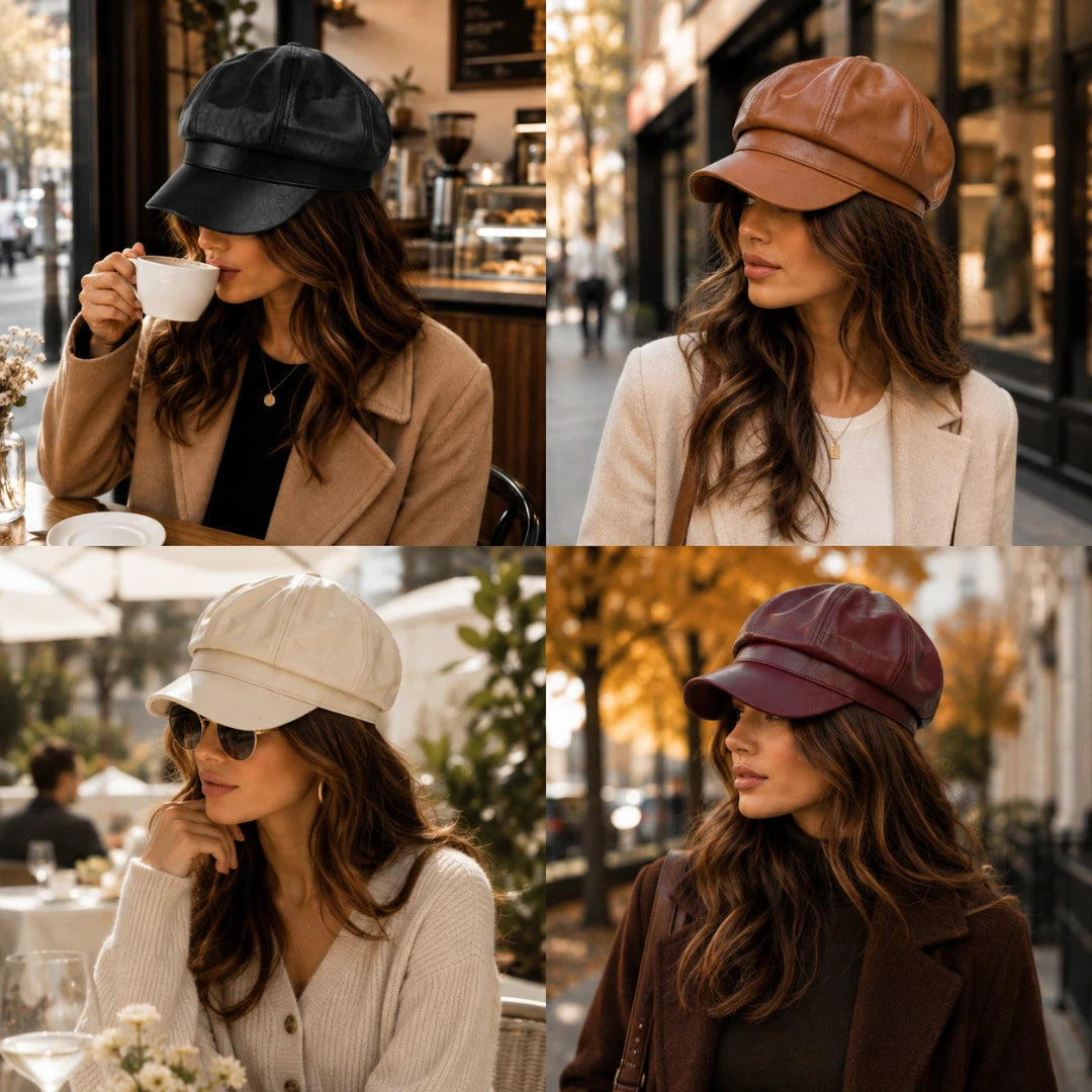 Josh & Tate - LuxeDome™ Faux Leather Beret - A four-panel collage showing a woman wearing different colored newsboy caps in outdoor cafe and street settings. The caps are black, tan, cream, and burgundy, styled with different outfits and backgrounds.