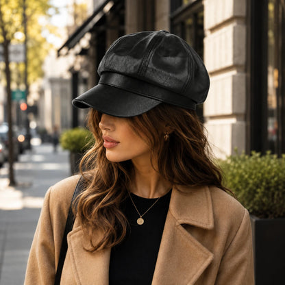 Josh & Tate - LuxeDome™ Faux Leather Beret - A woman wearing a black leather-like newsboy cap, tan coat, and black top stands on a city street with blurred buildings and trees in the background.
