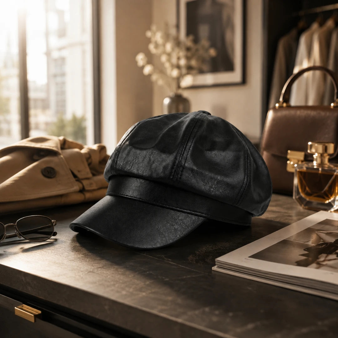 Josh & Tate - LuxeDome™ Faux Leather Beret - A black leather cap resting on a dark tabletop in a styled indoor setting, surrounded by a tan trench coat, sunglasses, a brown handbag, and a perfume bottle.