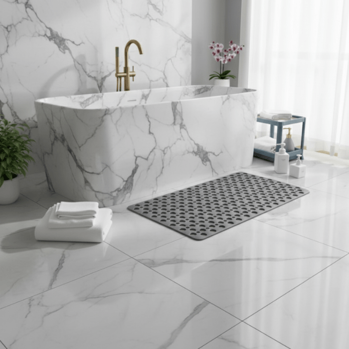 Modern bathroom with marble-patterned bathtub and floor tiles.