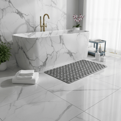 Modern bathroom with marble-patterned bathtub and floor tiles.