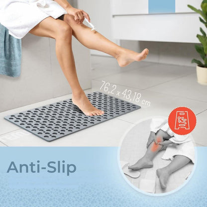 Person stepping onto a gray anti-slip mat with text indicating size and features.