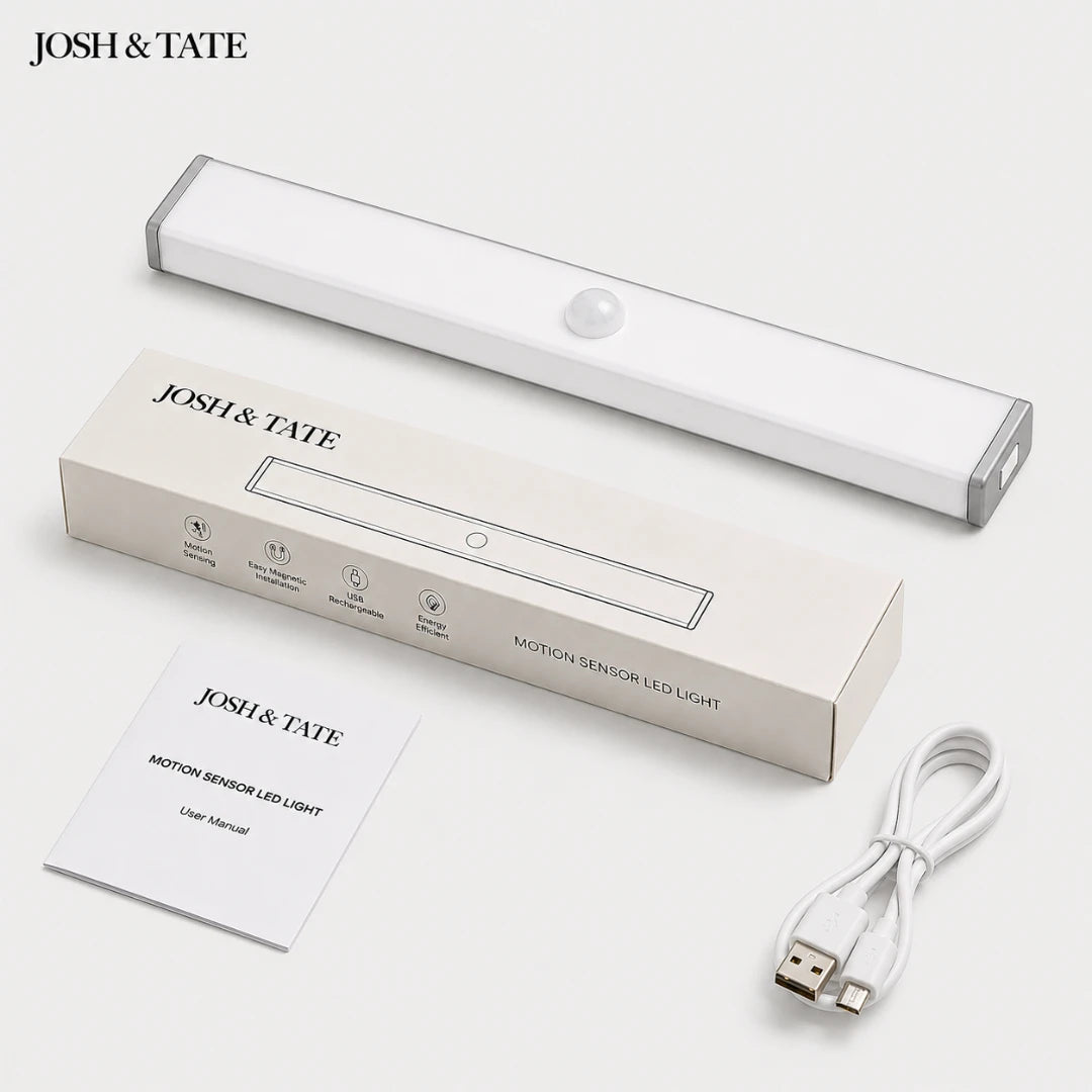 Josh & Tate motion sensor LED light with packaging and USB cable on a white background